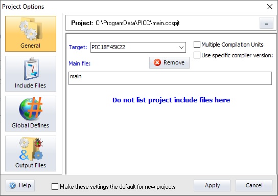 CCS IDE Project Options